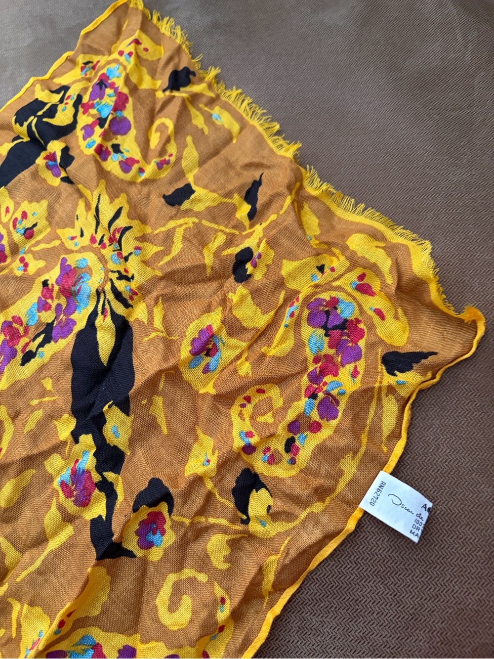 Oscar de la Renta Vintage Yellow Multicolor Floral Paisley Silk Scarf